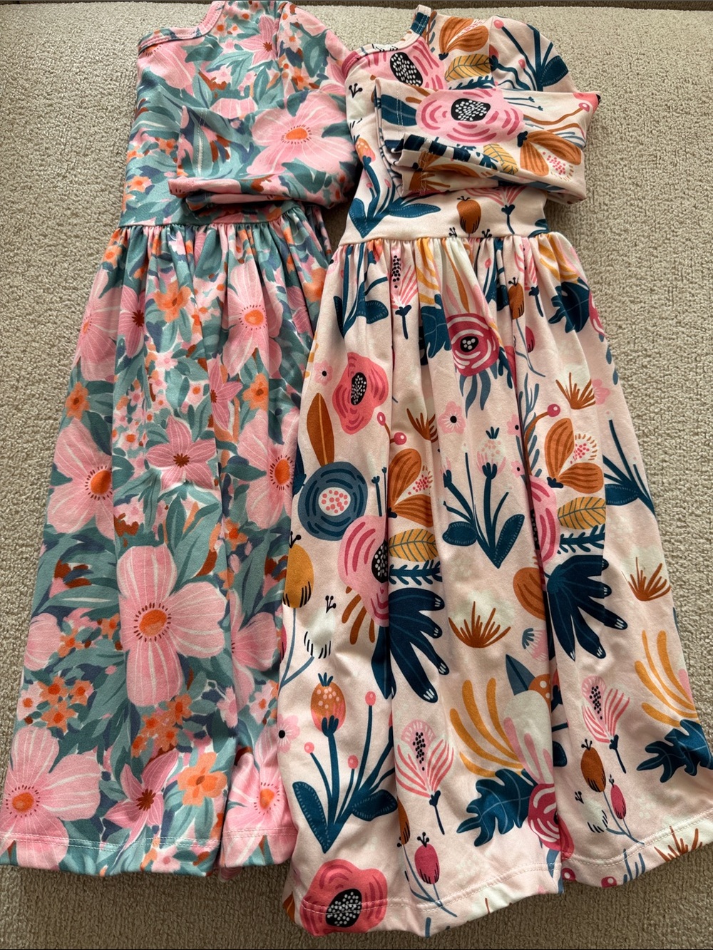 Mila & Rose Girls' Floral Twirl Dresses -  Teal Print & Blush Peony